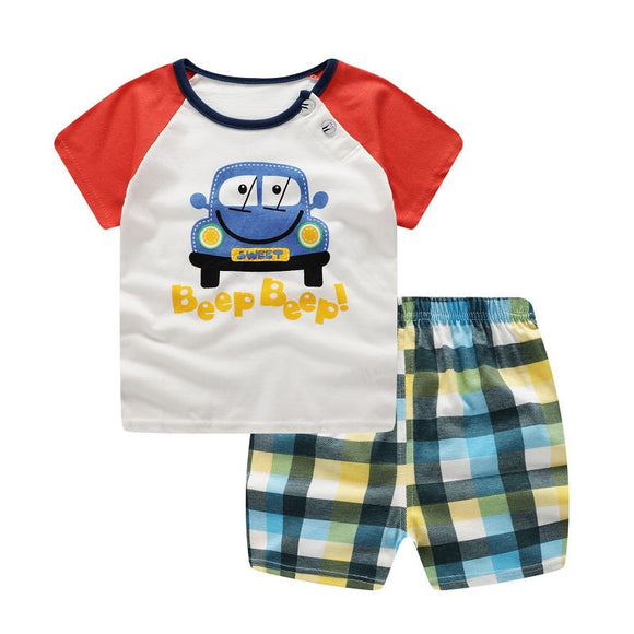 Casual Toddler Sports Clothes Plaid Tee  T Shirts + Shorts